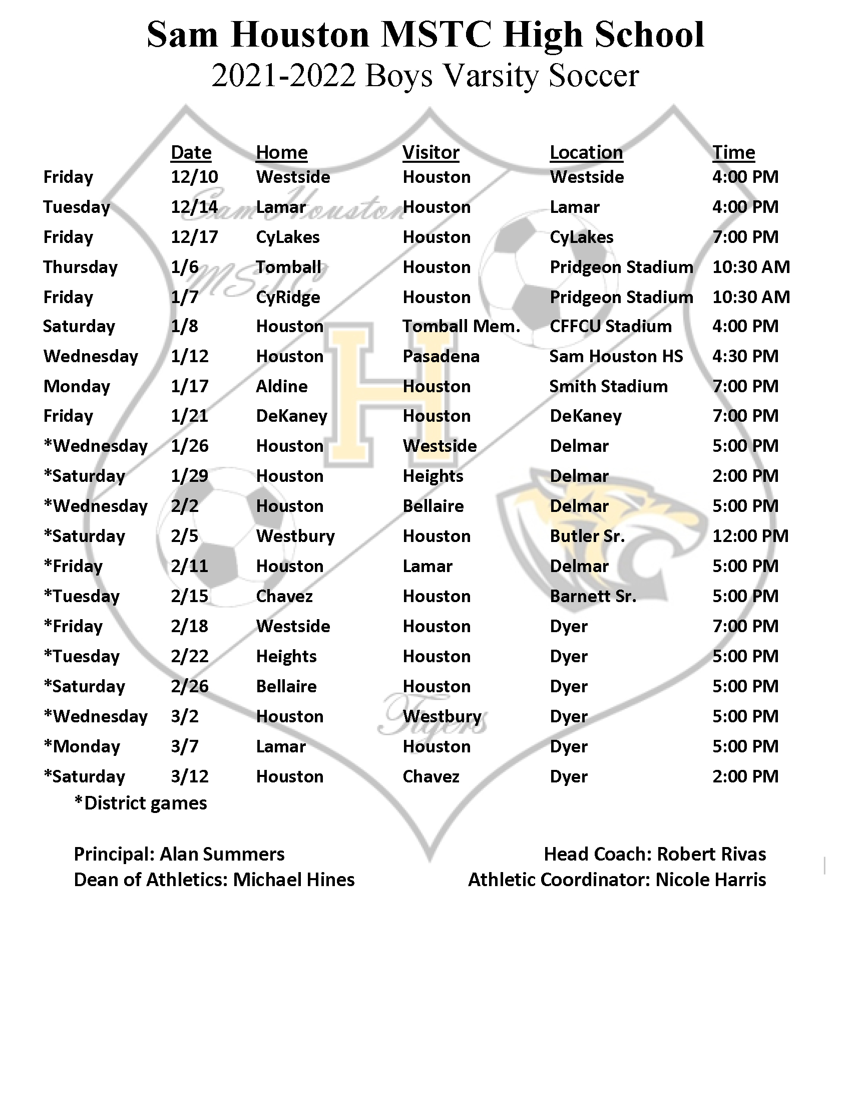 Schedule of games for the 2021-2022 season